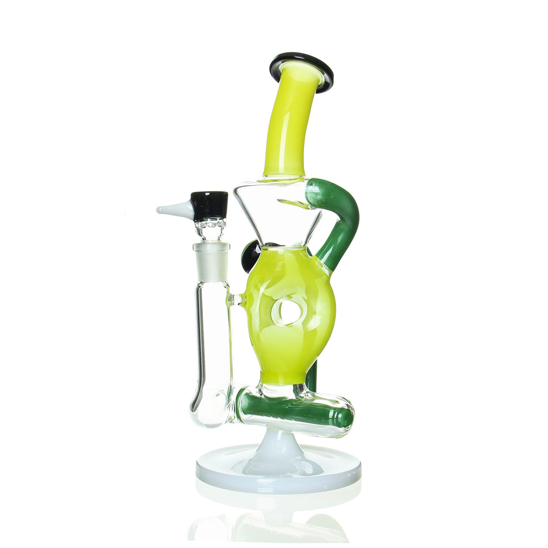 Ben Wilson Triple Donut Inline Recycler in Yellow &amp; Green, handblown recycler bong