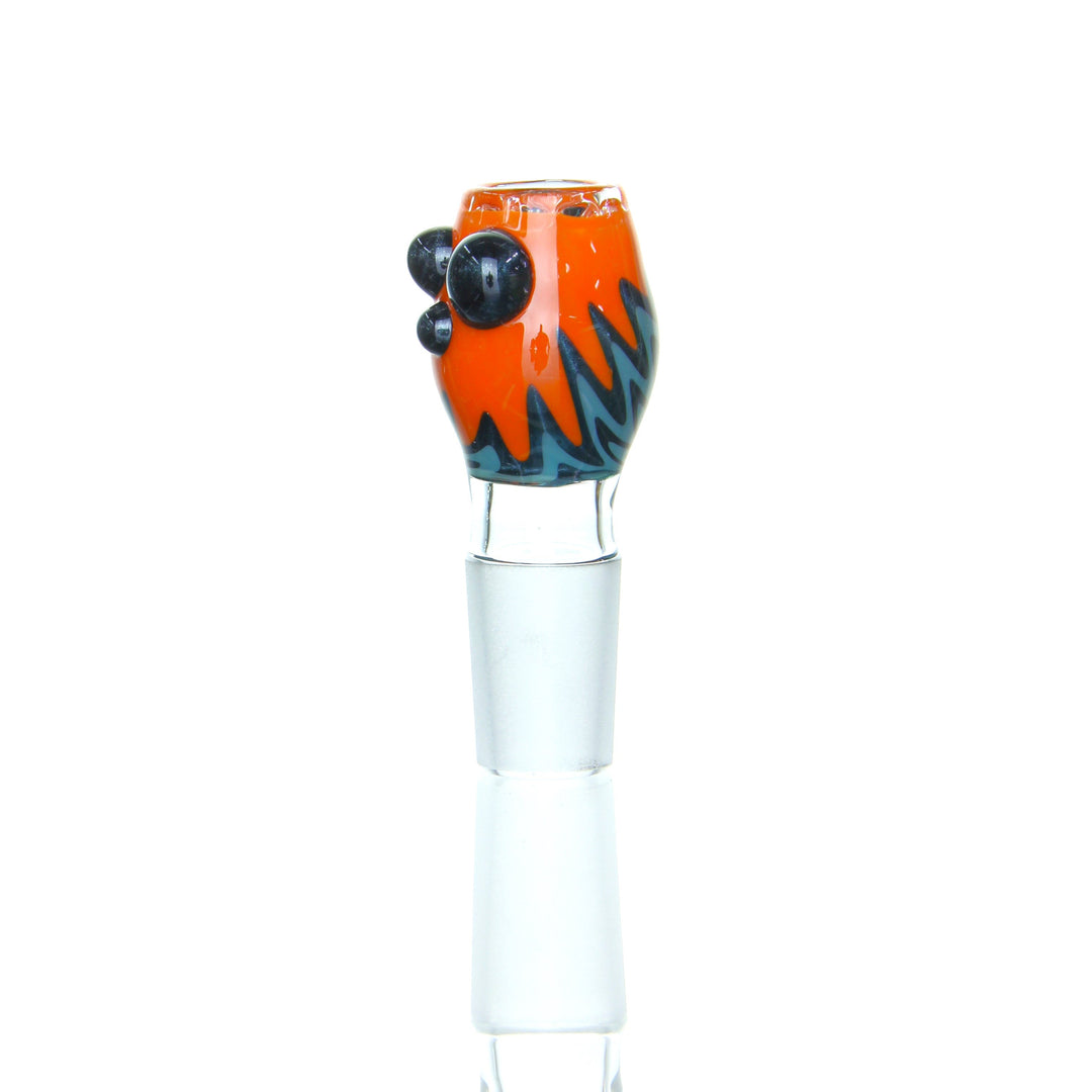 Ben Wilson - Worked Disc Screen Slide in bold orange with black zigzag pattern and black marbles, handblown glass bowl attachment.