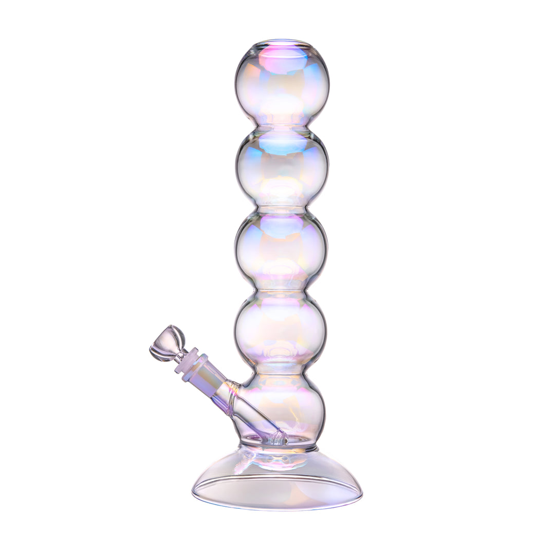 BigFun! 13 inch Bubble Bong seen from the left, a five-bubble stacked borosilicate water pipe with an electroplated iridescent finish