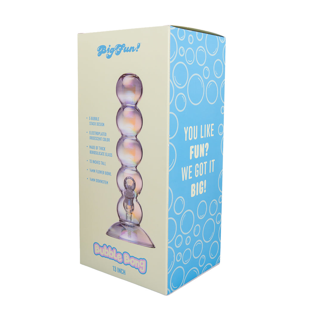 Back of the BigFun! 13 inch Bubble Bong retail box showing product details and included parts