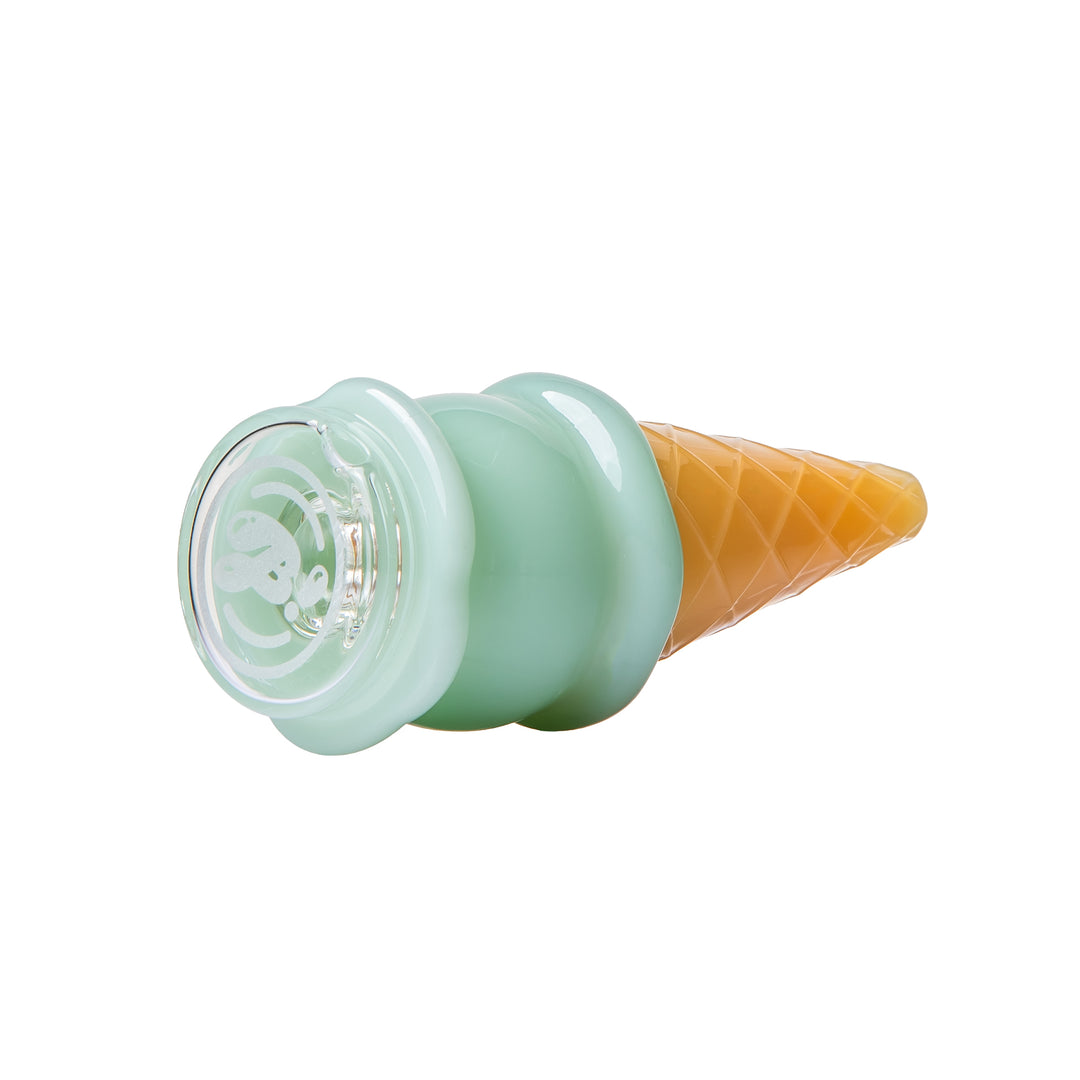 BigFun! Ice Cream Peak Top in Mint laying on its side, showing the base and the glass connection that seats on the Puffco Peak