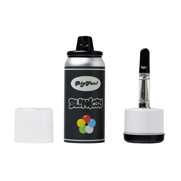 BigFun! Blinksy disassembled: clear cap, spray-can body, and the 510 base assembly with a cartridge threaded on, showing how the cart hides inside the can