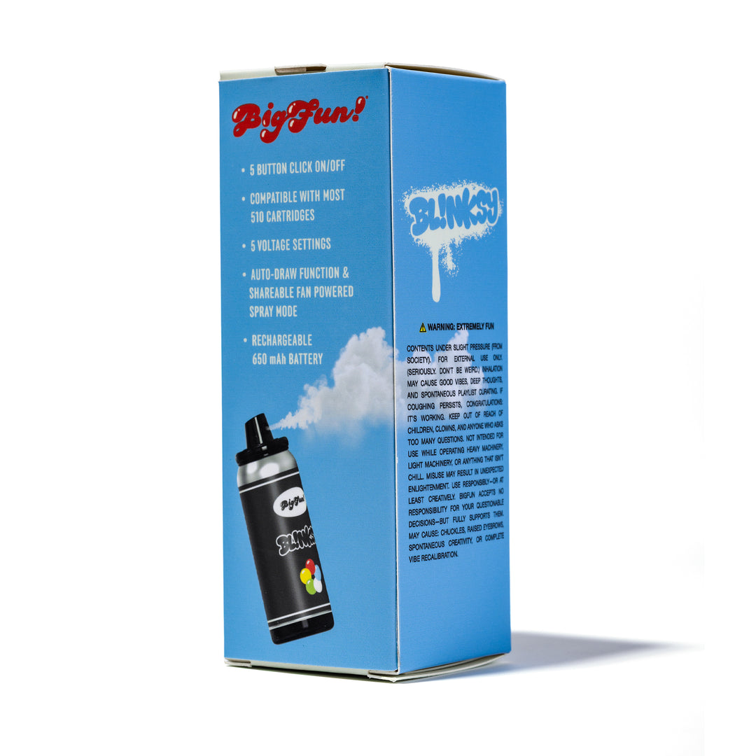 Back of the BigFun! Blinksy retail packaging listing the battery specs and voltage settings