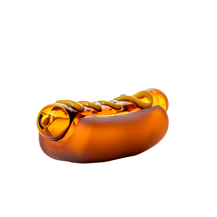 Angled view of the BigFun! Glizzy Hand Pipe mouthpiece at the end of the glass hot dog body