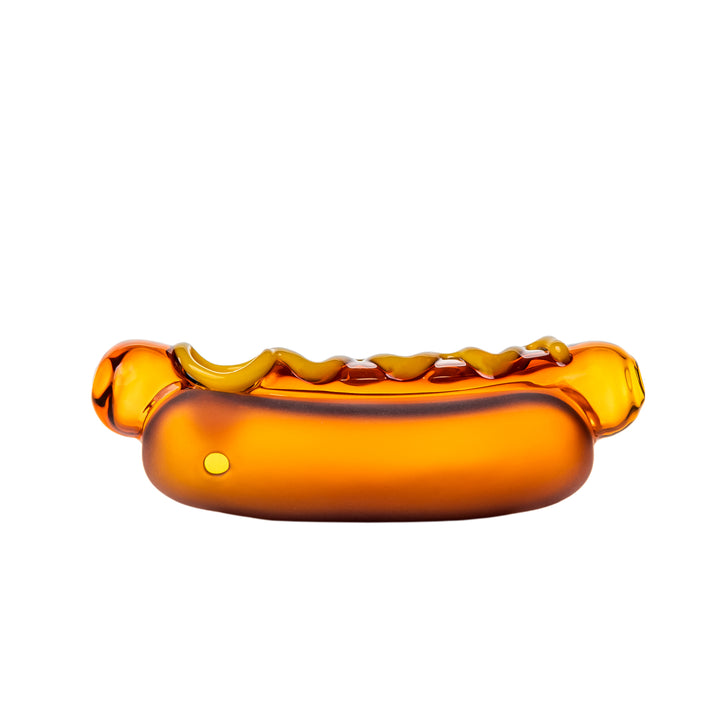 Side view of the BigFun! Glizzy Hand Pipe showing the side carb hole and the 5.1-inch horizontal hot dog silhouette
