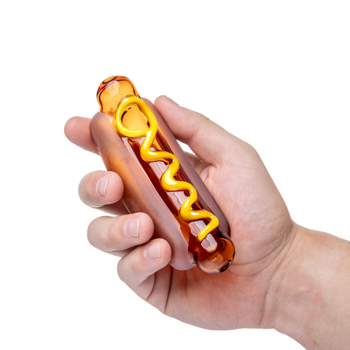 BigFun! Glizzy Hand Pipe held in a hand for scale, showing the 5.1-inch by 1.8-inch full-size spoon pipe proportions