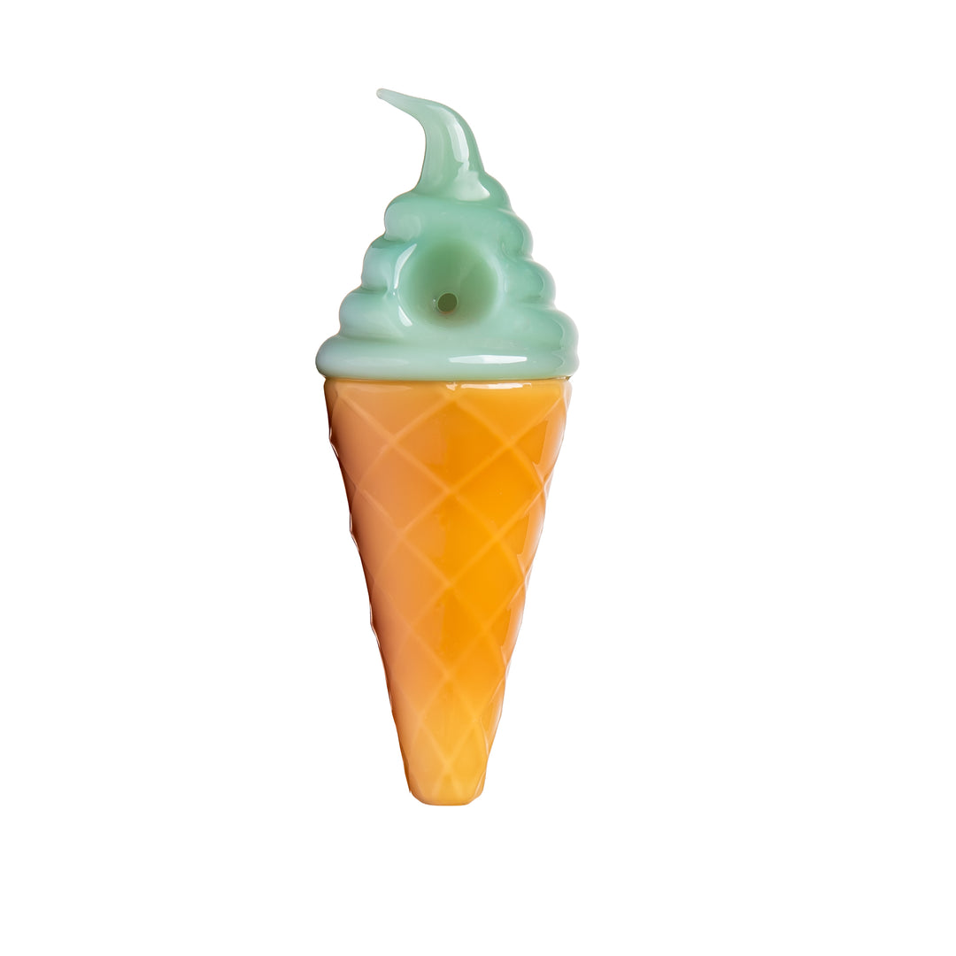 BigFun! Ice Cream Hand Pipe in Mint, the same soft-serve cone design in pale green borosilicate glass, shown upright