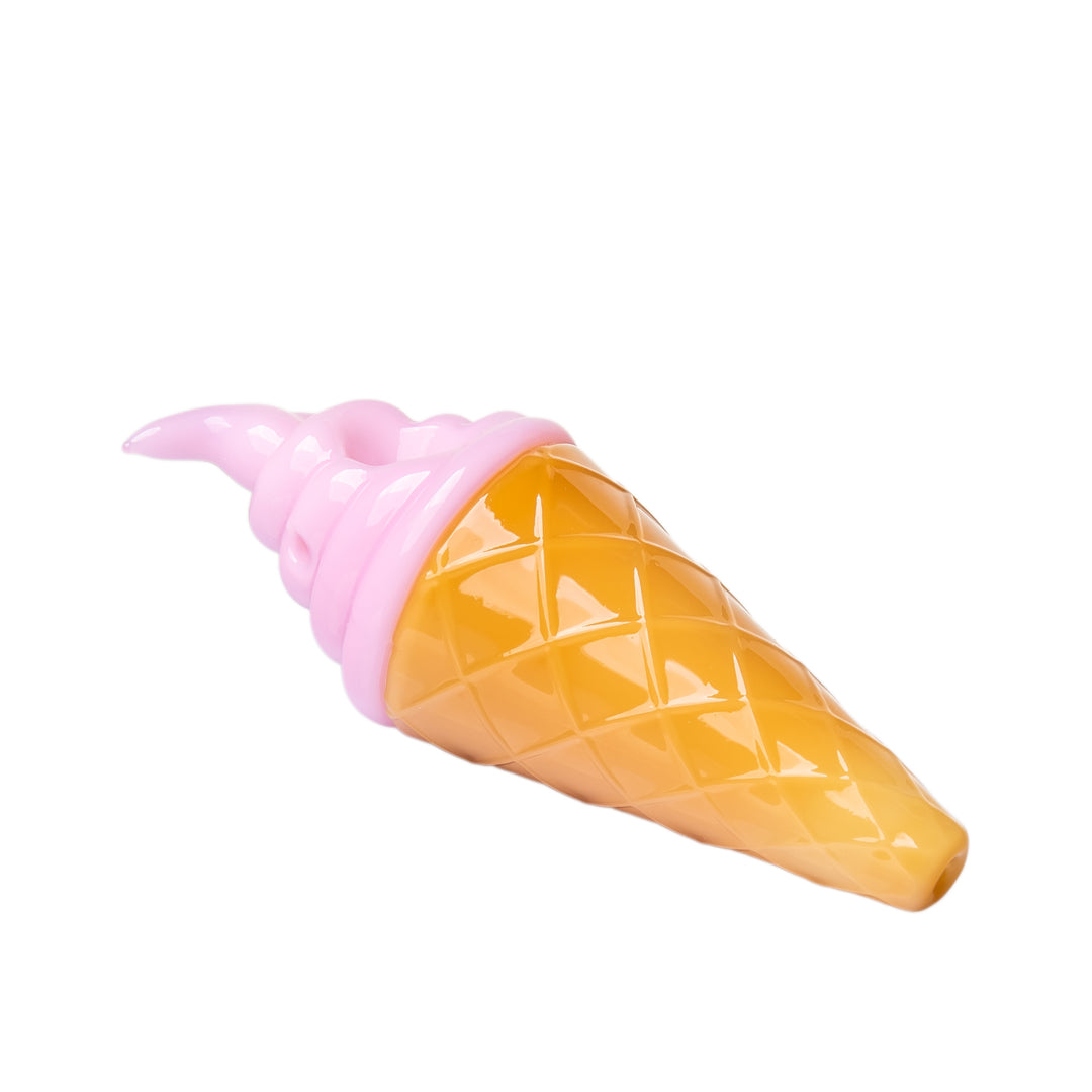 Angled view of the BigFun! Ice Cream Hand Pipe in Strawberry showing the side carb hole in relation to the bowl