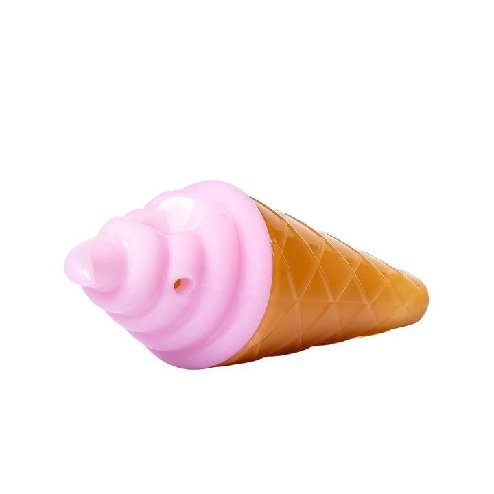 Angled front view of the BigFun! Ice Cream Hand Pipe in Strawberry, showing the soft-serve swirl above the textured waffle cone