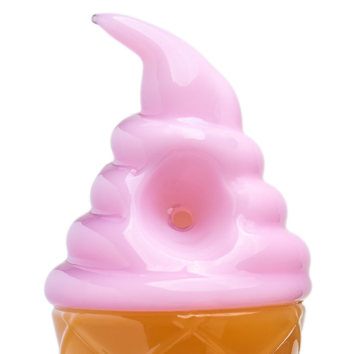 Close-up of the bowl set into the top of the soft-serve swirl on the BigFun! Ice Cream Hand Pipe in Strawberry