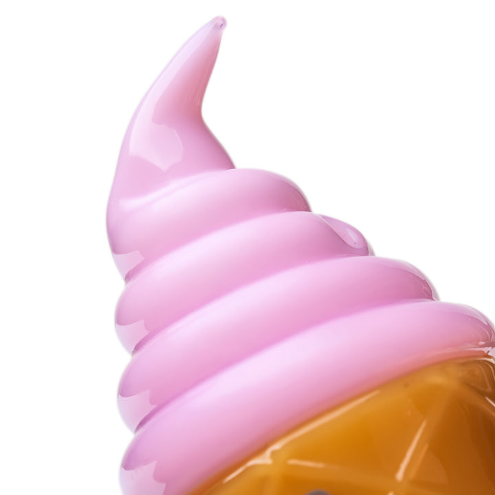 Detail of the raised soft-serve swirl on the BigFun! Ice Cream Hand Pipe in Strawberry, with the pink color worked into the glass rather than painted on
