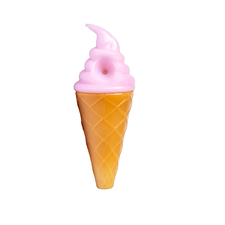 BigFun! Ice Cream Hand Pipe in Strawberry, the same soft-serve cone design in pink borosilicate glass, shown upright