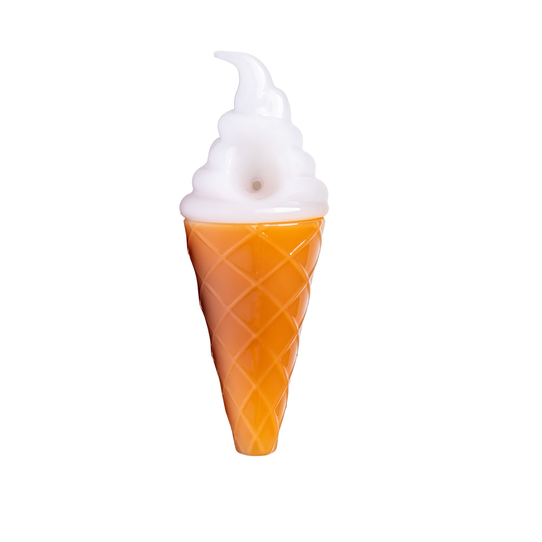 BigFun! Ice Cream Hand Pipe in Vanilla, a handcrafted borosilicate glass soft-serve cone in cream white, shown upright from the front