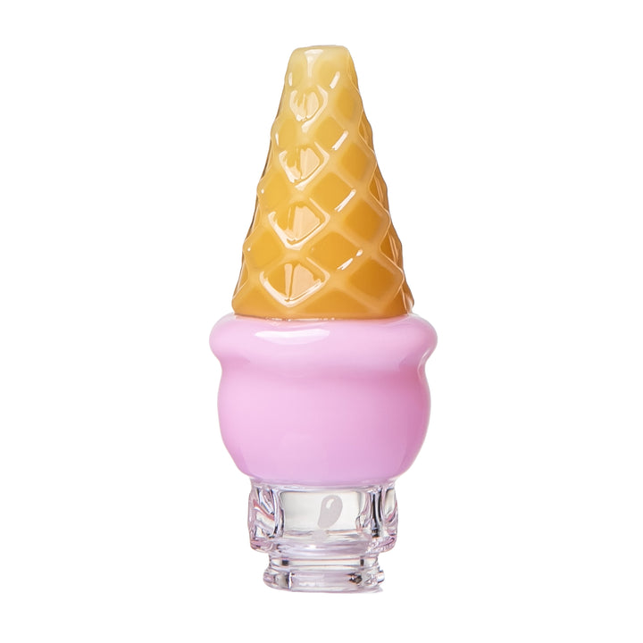 Strawberry BigFun! Ice Cream Pivot Top shown upright, the same cone design in pink borosilicate glass