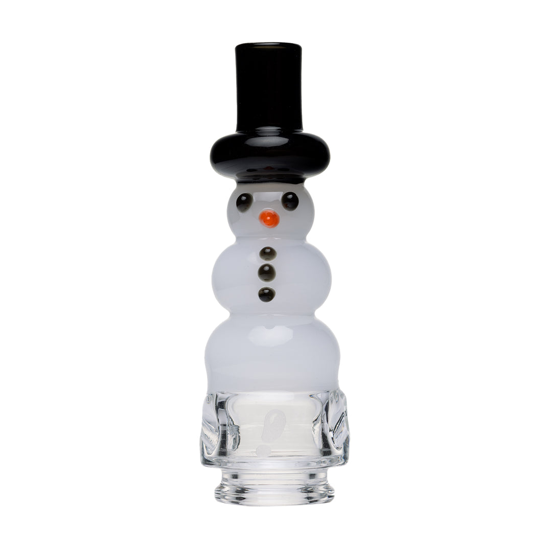 BigFun! Puffco Pivot Top Lil Frosty snowman glass attachment, front view showing stacked snowman design