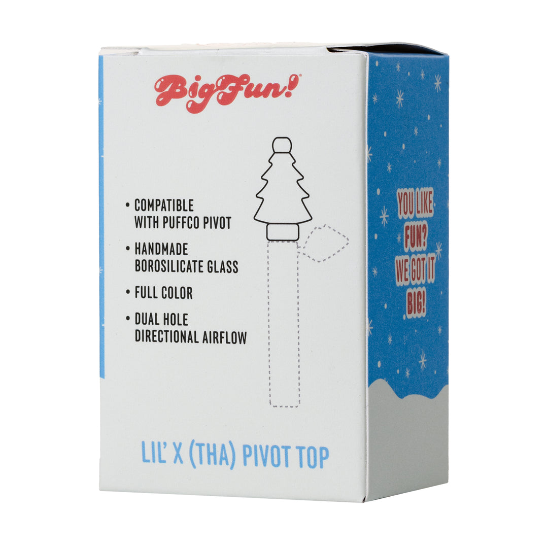 bigfun puffco pivot lil x christmas tree top retail box back showing product details and specifications