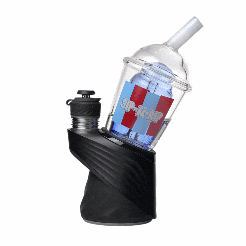 Animated view of the BigFun! Sip N Rip Peak Top in use, showing water bubbling through the base-connected perc during a draw