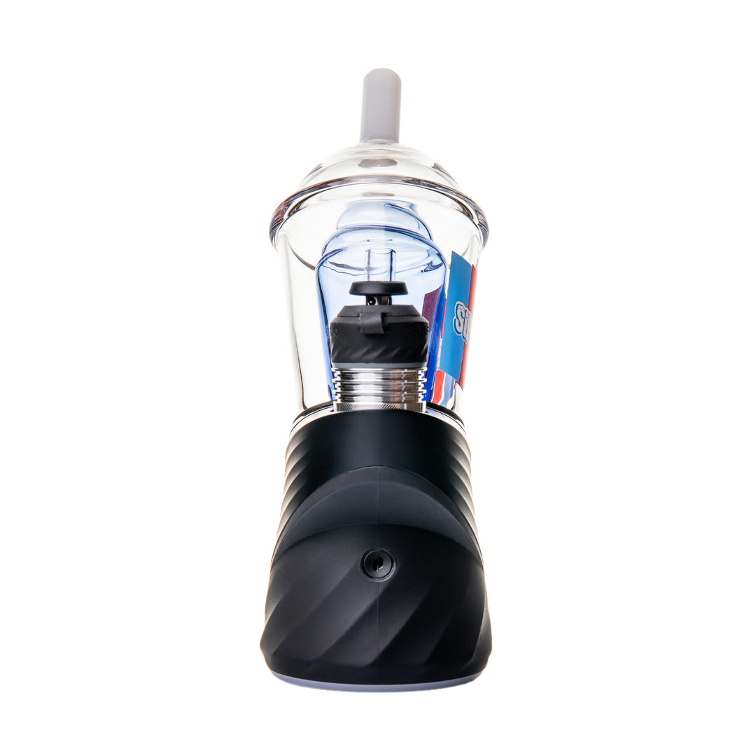 BigFun! Sip N Rip Peak Top mounted on a Puffco Peak seen from the front, showing the 5.2-inch cup against the device — device sold separately