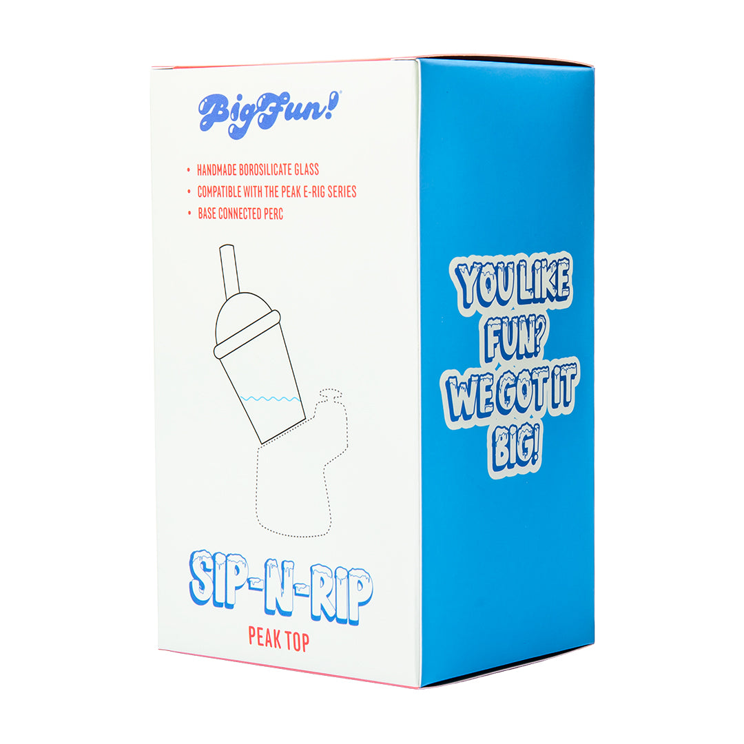 Back of the BigFun! Sip N Rip Peak Top retail box showing product details and the PEAK NOT INCLUDED notice