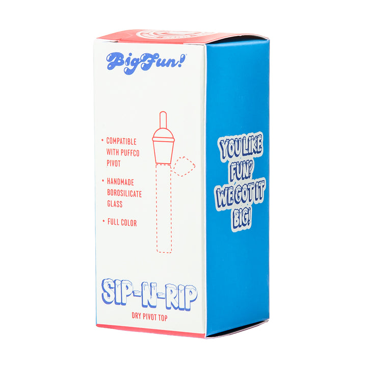 Back of the BigFun! Sip N Rip Pivot Top retail box showing product details and the PIVOT NOT INCLUDED notice