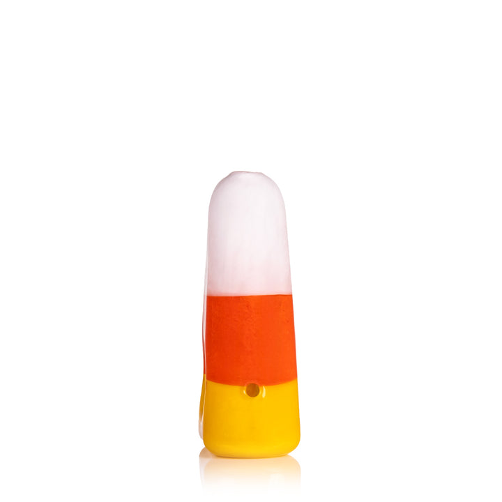 Standing MJ Arsenal Candy Corn Pipe in full candy corn color pattern – compact borosilicate glass Halloween piece