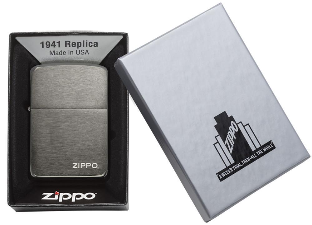 Zippo - 1941 Replica Black Ice with Zippo Logo Lighter in gift box, featuring brushed metal finish and windproof design for collectors and daily use.