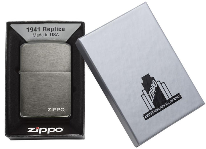 Zippo - 1941 Replica Black Ice with Zippo Logo Lighter in gift box, featuring brushed metal finish and windproof design for collectors and daily use.
