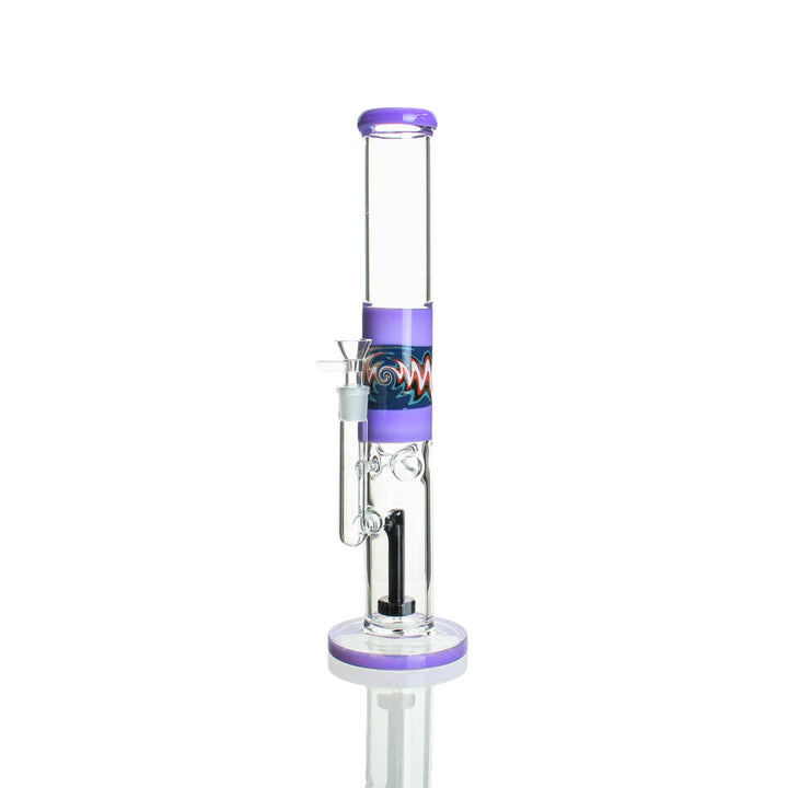 15" straight stemless tube bong — milky purple hand-worked wig wag section, front view