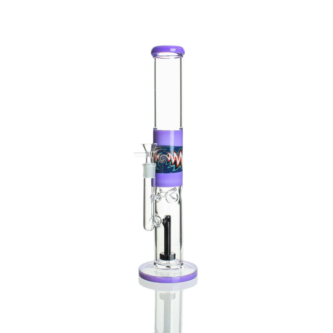 15" straight stemless tube bong — milky purple hand-worked wig wag section, front view