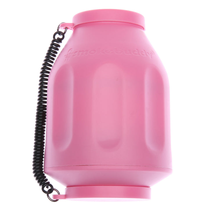 Smoke Buddy Original Personal Air Filter – Pink portable odor eliminator with removable caps and black wrist cord.