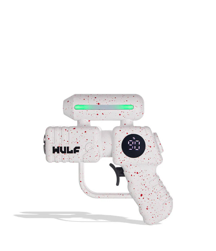 Wulf Mods Zapp 510 Battery in White and Red Splatter finish, front view showing trigger-style grip, LED temperature bar, and compact pistol-inspired body design.