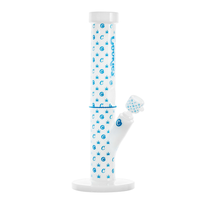 Cookies V Straight water pipe white glass bong with blue logo pattern and angled downstem bowl