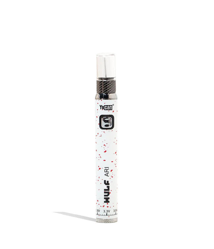 Wulf Mods Ari Hot Knife White Black Splatter — upright view of the dual-use electric hot knife and 510 vaporizer pen with ceramic loading tip.