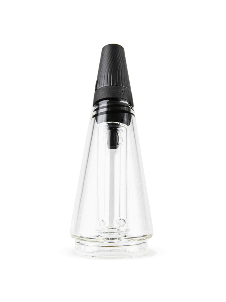 Clear Puffco Peak Pro Travel Glass accessory with black silicone top, designed for enhanced portability and water filtration. Available at Angies Boutique.