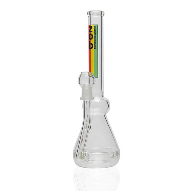 ZOB - 10" Zobello Stemless Beaker - Rasta water pipe featuring a clear glass body with a flared base and Rasta-themed logo on the neck.