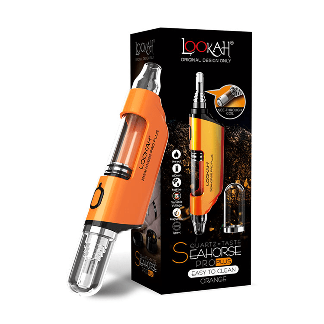 LOOKAH Seahorse Pro Plus Electric Nectar Collector in orange with packaging, ideal for wax concentrate vaporizing. Now 15% OFF in sale.