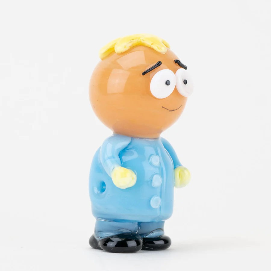 Side angle showing handcrafted details of the Margarine Man glass pipe