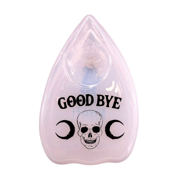 BlackCraft - Planchette Hand Pipe in translucent pink featuring skull and moon design with 'GOOD BYE' text, ideal for gothic pipe collectors.