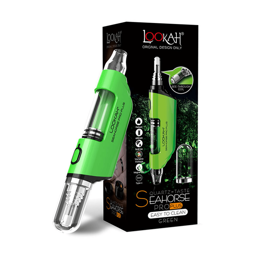 LOOKAH Seahorse Pro Plus Electric Nectar Collector in green with box packaging, ideal for wax concentrate vaping.