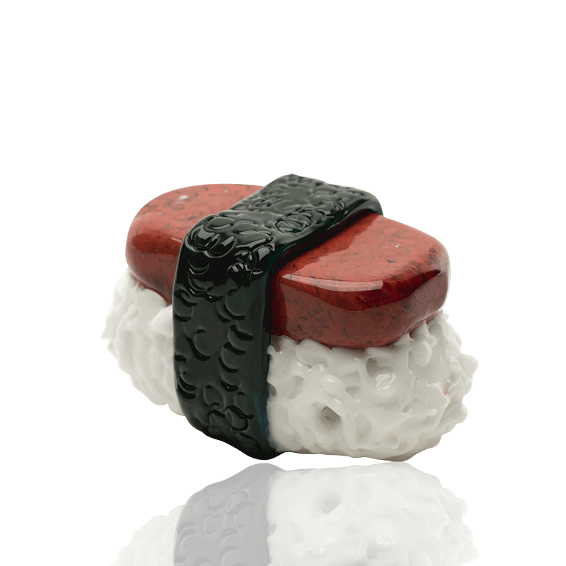 Empire Glassworks Spam Musubi Pipe designed to resemble sushi with realistic rice, spam, and seaweed details. Hand-crafted borosilicate glass pipe.