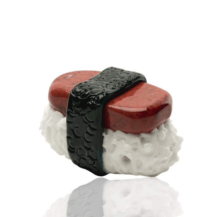 Empire Glassworks Spam Musubi Pipe designed to resemble sushi with realistic rice, spam, and seaweed details. Hand-crafted borosilicate glass pipe.