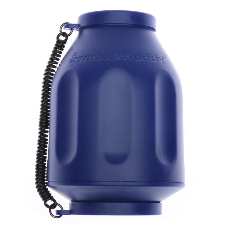 Smoke Buddy Original Air Filter – Blue portable personal air purifier with removable caps and carry strap.