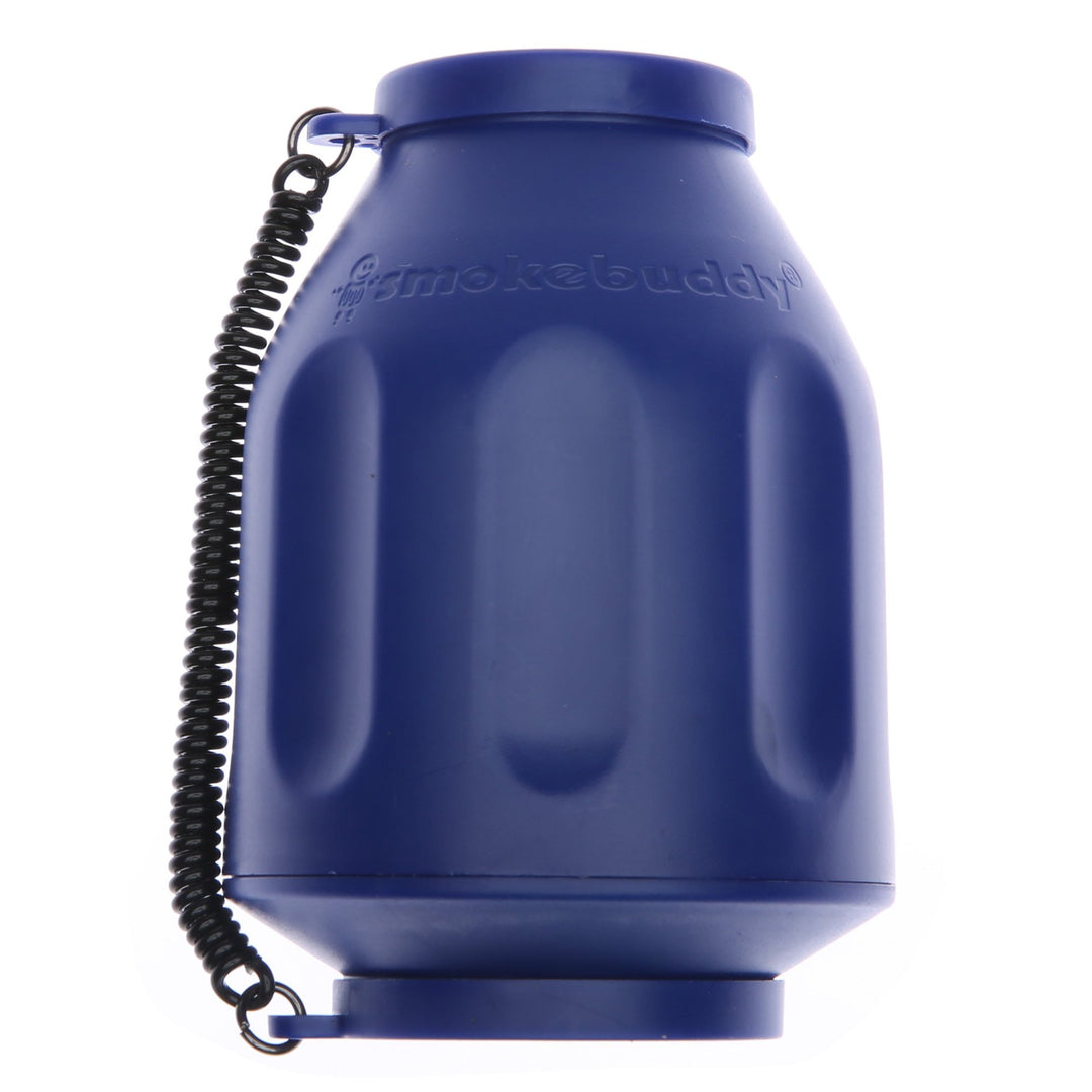 Smoke Buddy Original Air Filter – Blue portable personal air purifier with removable caps and carry strap.