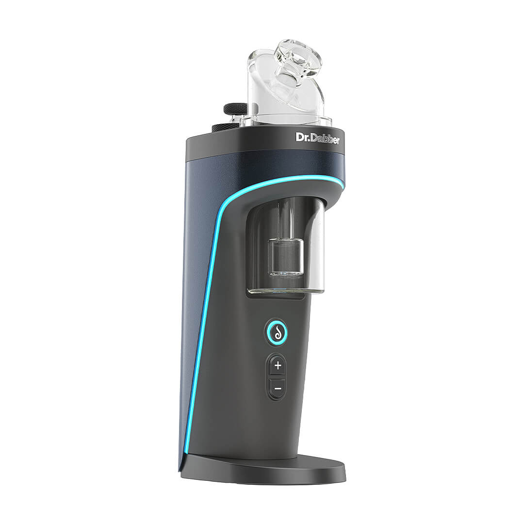 Dr. Dabber Switch² – angled upright shot showing LED edge lighting and glass attachment secured in place.