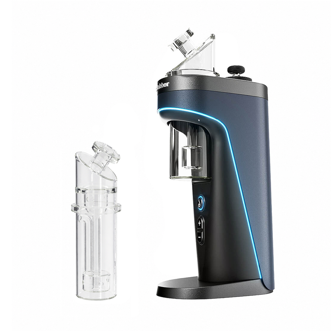Dr. Dabber Switch 2 Incycler Bundle - black Switch 2 e-rig with blue ambient lighting and its standard glass attachment, beside the clear Switch 2 Incycler glass attachment.