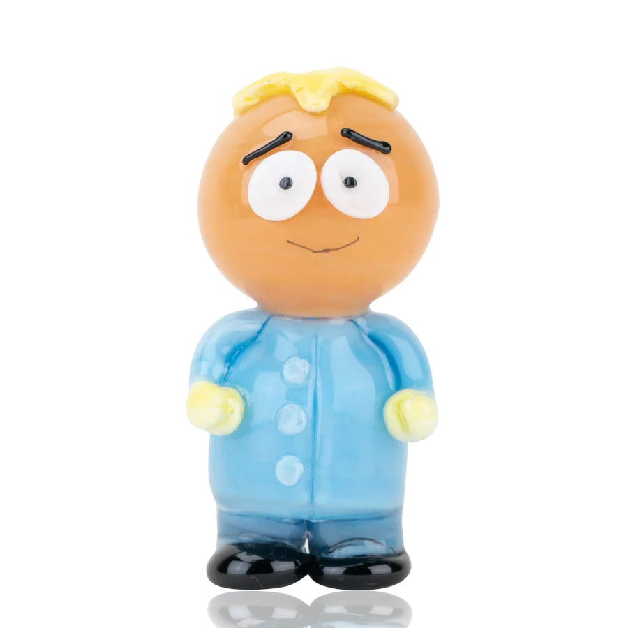 Front view of Empire Glassworks Margarine Man butters from south park Pipe with blue shirt and yellow hair