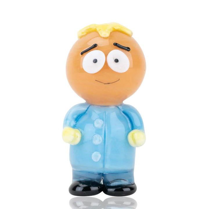 Front view of Empire Glassworks Margarine Man butters from south park Pipe with blue shirt and yellow hair