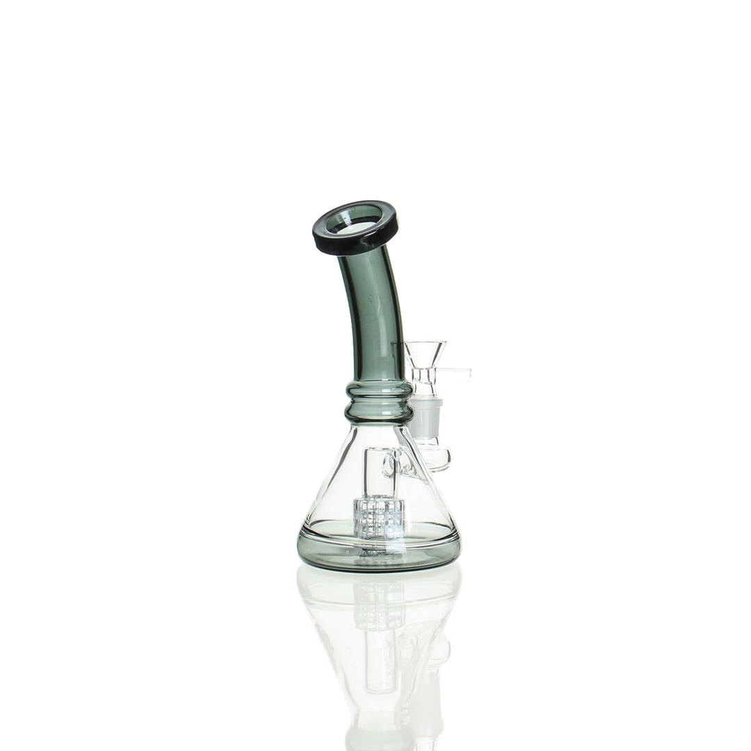 7" Beaker with matrix perc — smoke gray glass bong, detail view