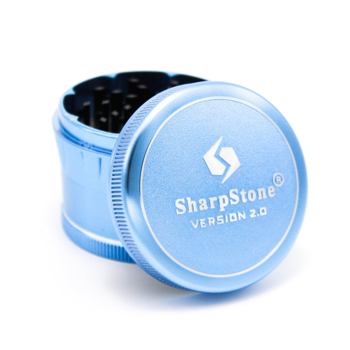 Sharpstone V2 4 Piece 2.5" Grinder in Blue — aircraft-grade aluminum herb grinder with diamond teeth, pollen screen and kief catch