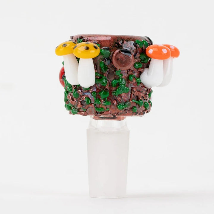 Empire Glassworks Bug's Life Slide 14mm side view with paired yellow and orange capped mushrooms on a mossy brown log